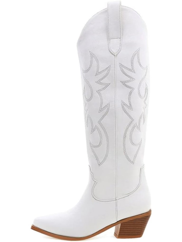 Women's White Cowgirl Boot Embroidered Pull On Chunky Stacked Heel Western Boots